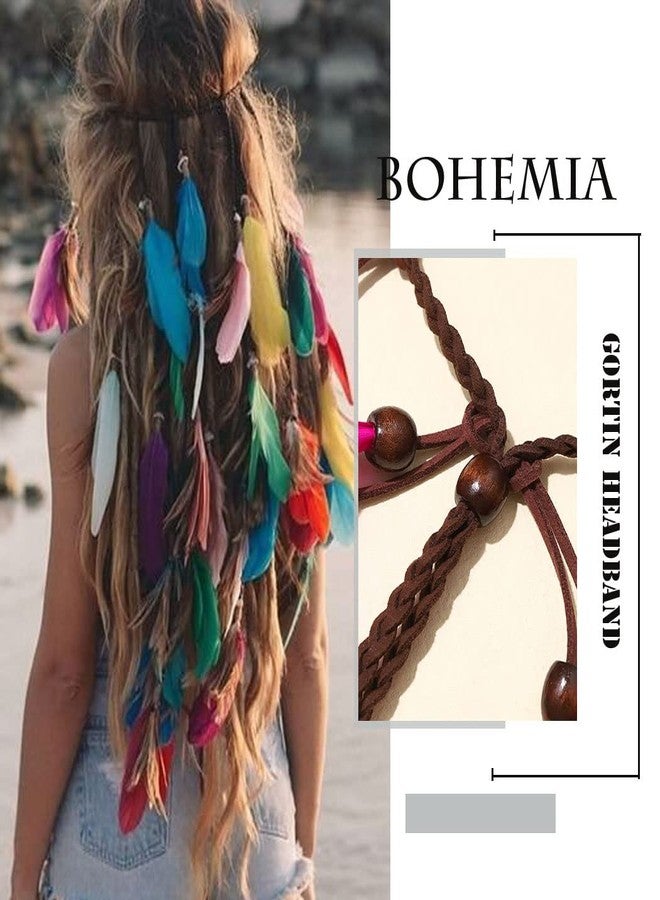 GORTIN Boho Feather Headband Gypsy Headpiece Headdress Bohemian Hippie Headbands Indian Festival Hair Band Adjust Long Feather Hair Accessories for Women (Colorful) - Image 5